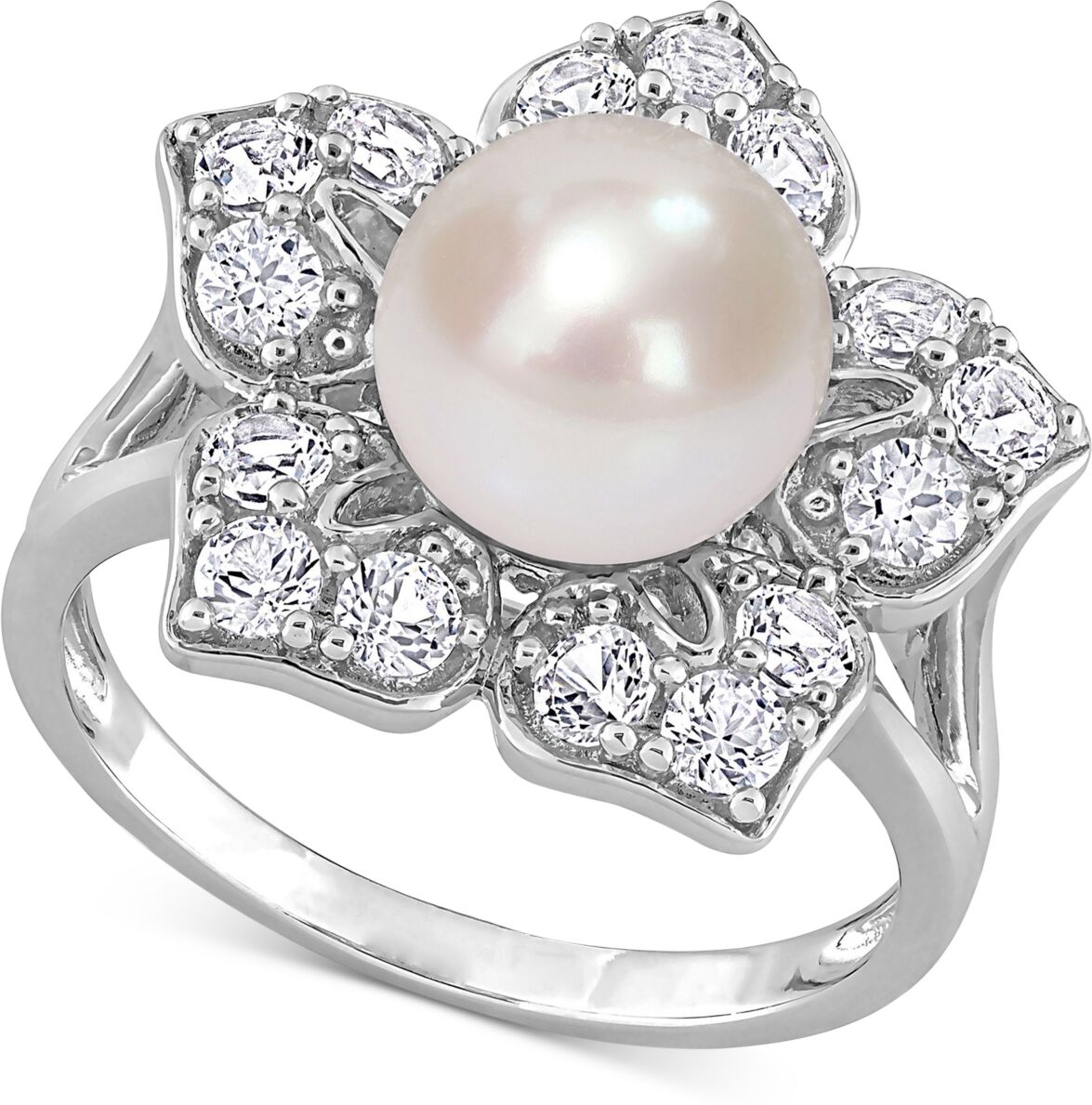 Macy's Cultured Freshwater Pearl (8-1/2mm) & Lab-Created White Sapphire (1-1/3 ct. t.w.) Flower Ring in Sterling Silver - White