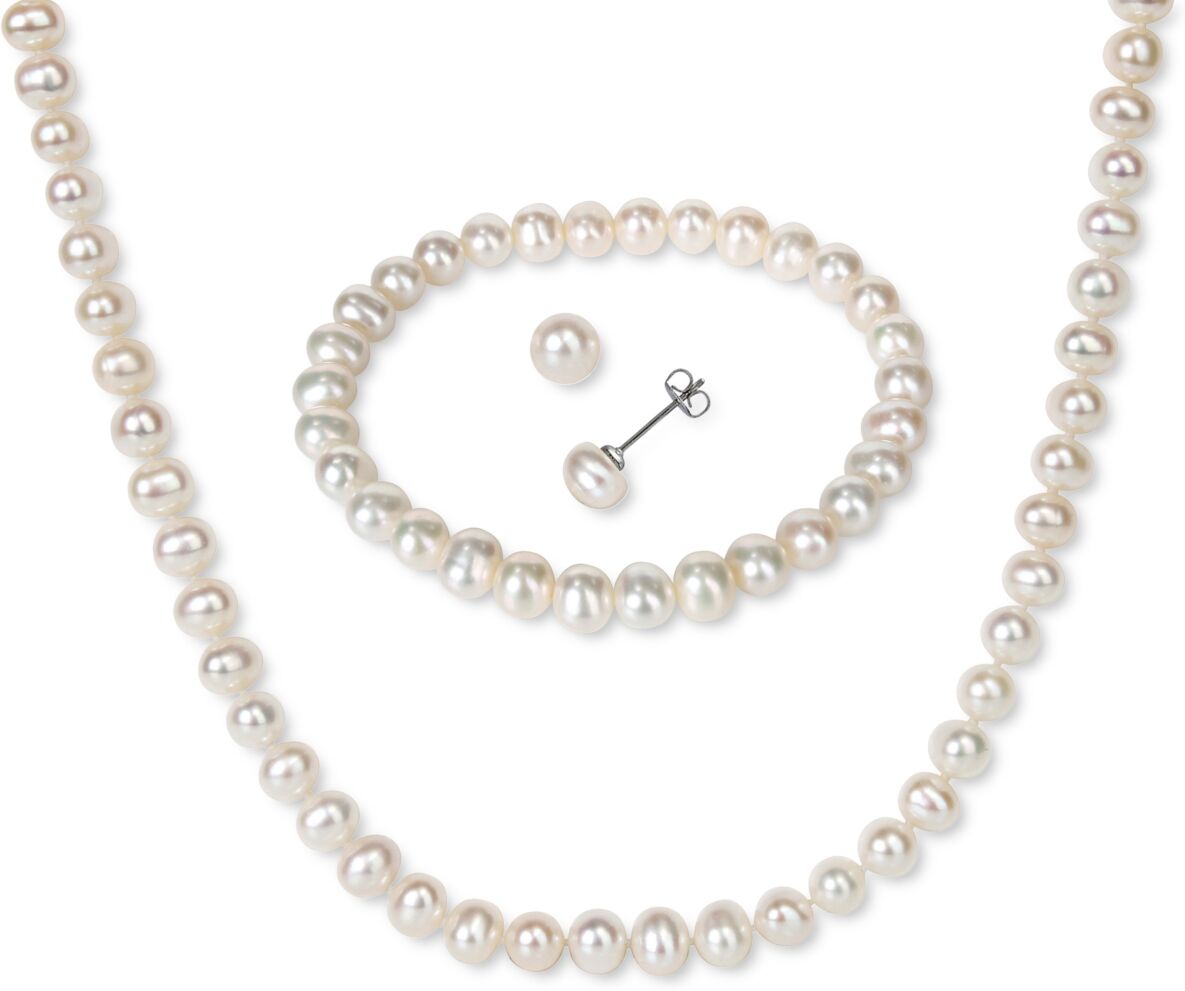 Macy's 3-Pc. Set Cultured Freshwater Pearl (6-7mm) Bracelet, Necklace & Stud Earrings - Silver-Tone