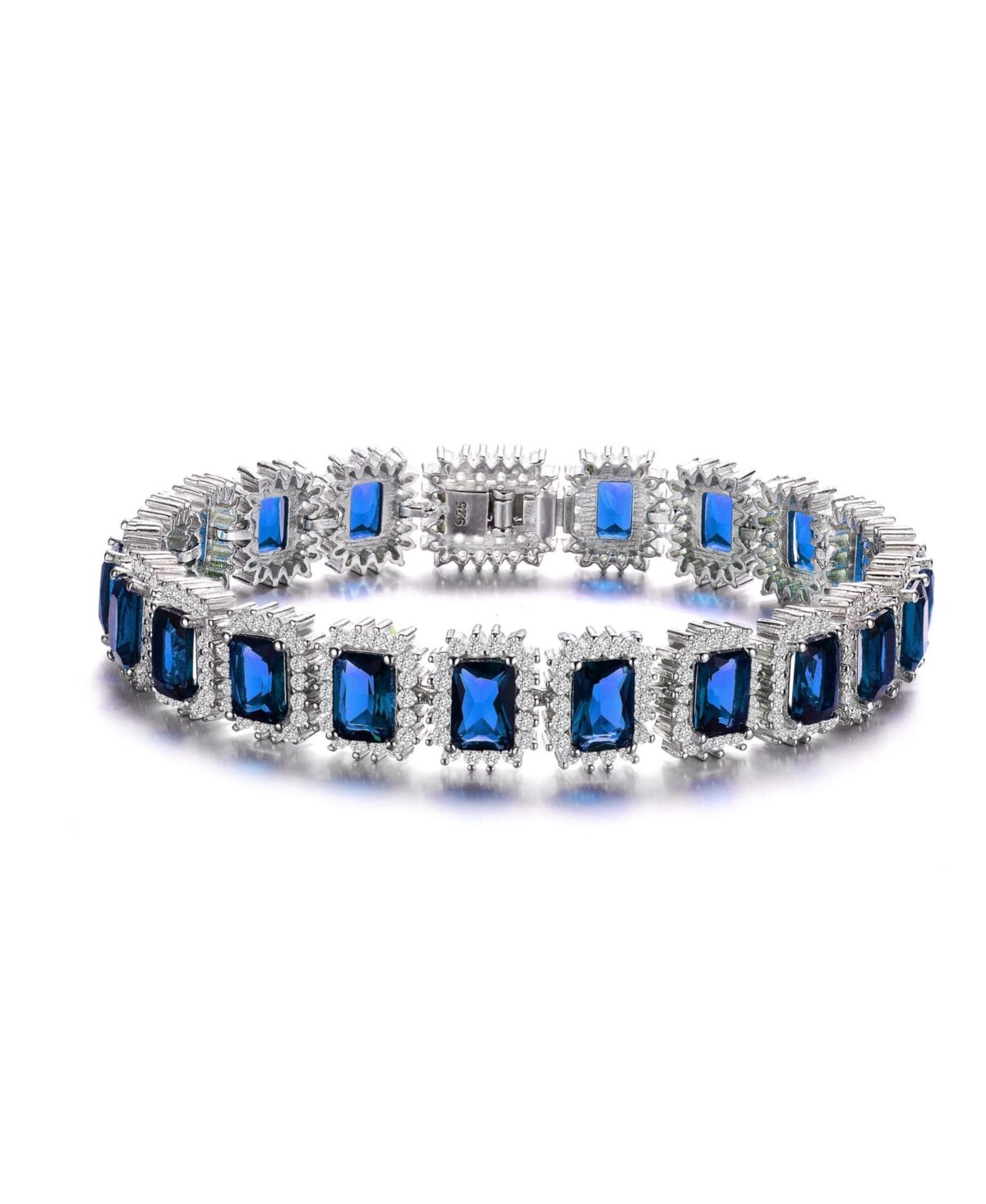 Genevive Sterling Silver with Blue Sapphire & Cubic Zirconia Rectangular Halo Cluster Link Vintage Tennis Bracelet - Sapphire