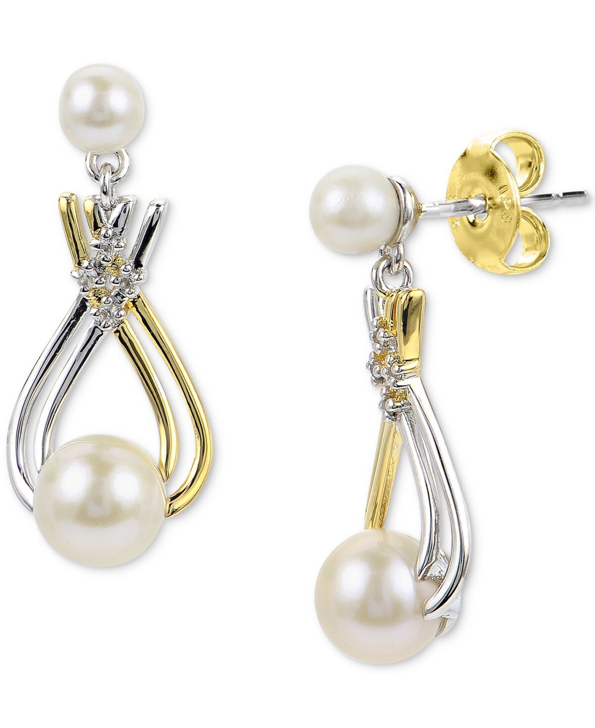 Macy's Cultured Freshwater Pearl (6mm) & Lab-Created White Sapphire (1/20 ct. t.w.) Drop Earrings in Sterling Silver & 14k Gold-Plate - Gold Over Silver