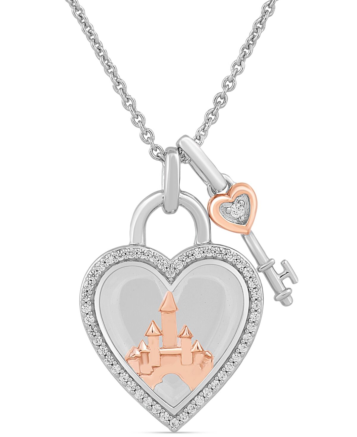 Disney Enchanted Disney Fine Jewelry D100 White Quartz (3-1/20 ct. t.w.) Diamond (1/6 ct. t.w.) Heart and Key Pendant Necklace in Sterling Silver & 14k Rose