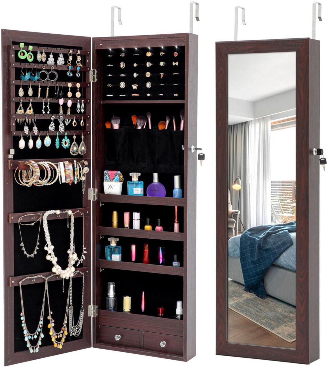 Simplie Fun Fashion Simple Jewelry Storage Mirror Cabinet With Led Lights Can Be Hung On The Door Or Wall - Brown