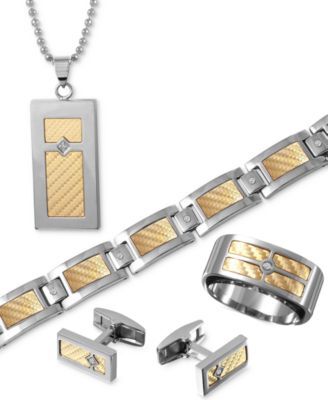 Macy's Mens Inlay Jewelry In 18k Gold Stainless Steel