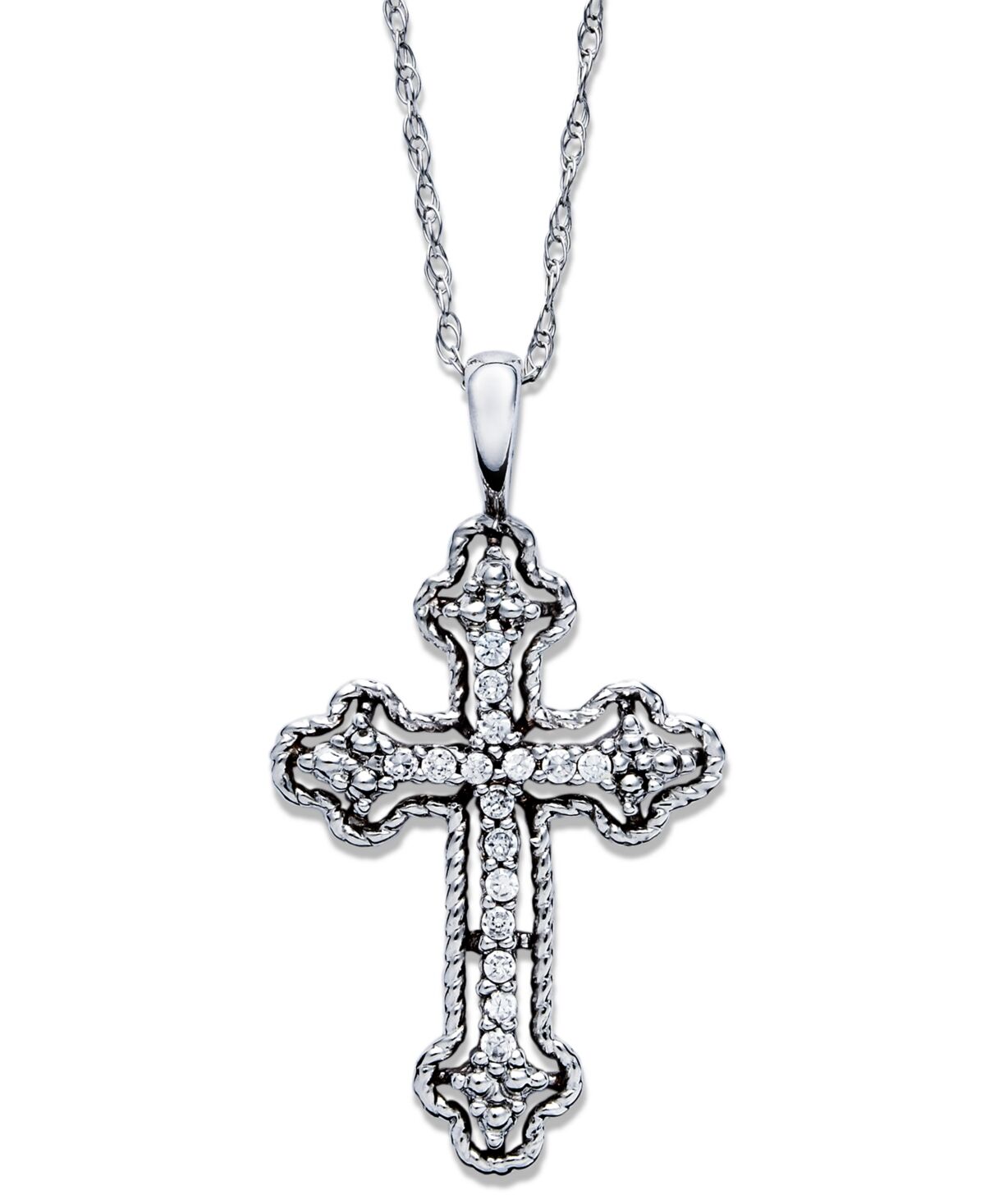 Macy's Diamond Antique Cross Pendant Necklace in 14k White, Yellow, or Rose Gold (1/10 ct. t.w) - White Gold