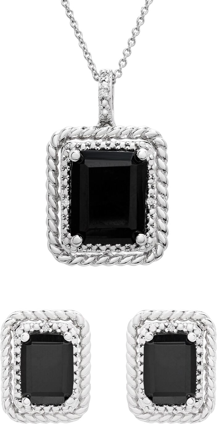 Macy's Onyx and Diamond (1/20 ct. t.w.) Box Set (Pendant & Earrings) in Sterling Silver - Sterling Silver