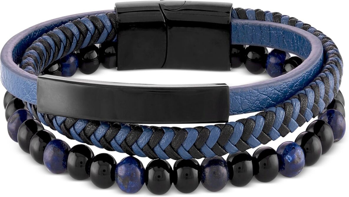 Macy's Men's Onyx & Lava Bead Triple Row Braided Leather Bracelet in Black Ion-Plated Stainless Steel (Also in Onyx/Sodalite) - Blue/Black