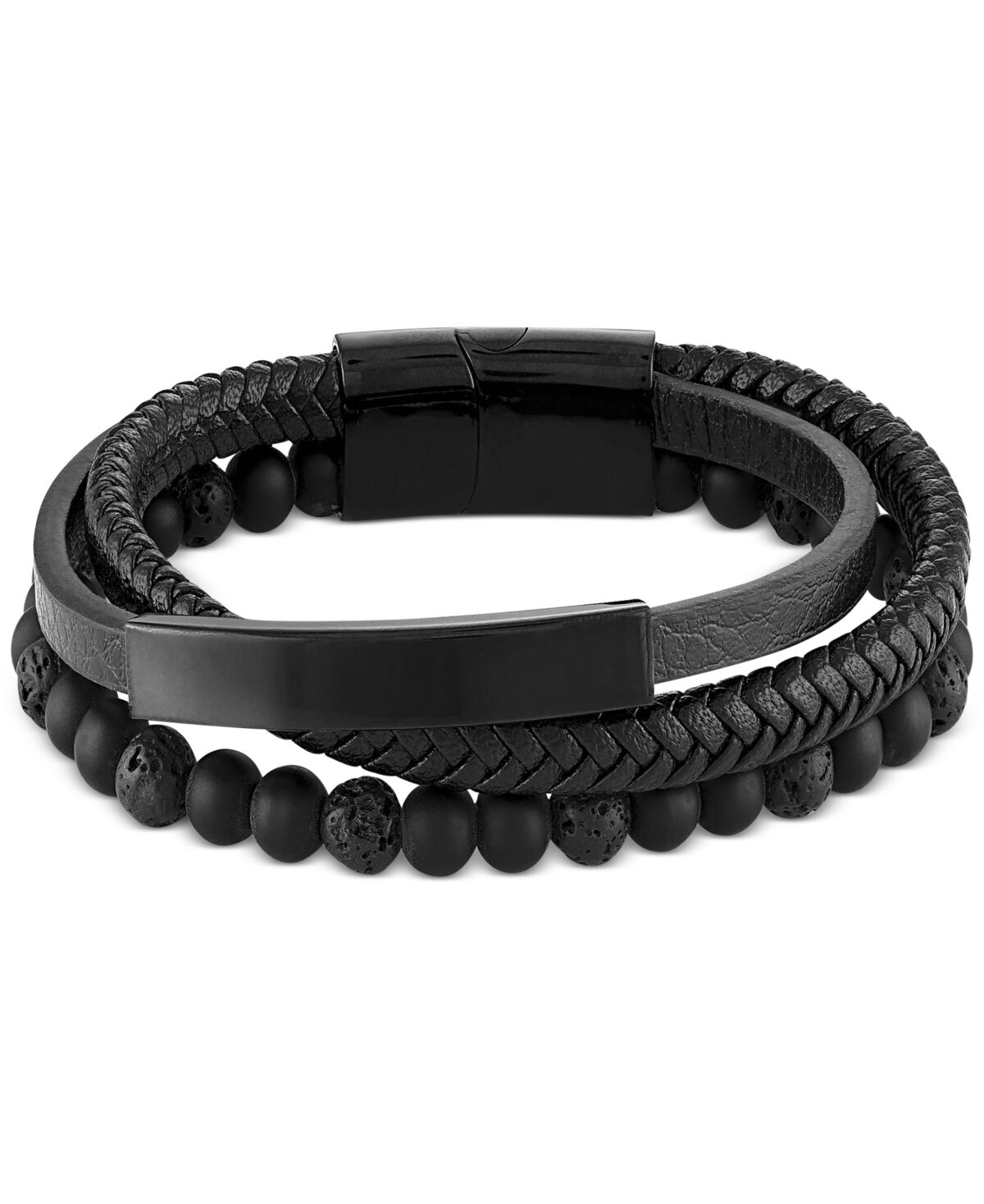 Macy's Men's Onyx & Lava Bead Triple Row Braided Leather Bracelet in Black Ion-Plated Stainless Steel (Also in Onyx/Sodalite) - Black