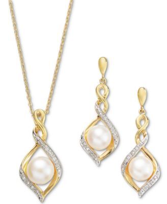 Macy's Cultured Freshwater Pearl 7mm Cubic Zirconia Infinity Twist Pendant Necklace Matching Stud Earrings In 14k Two Tone Gold Plated Sterling Silver