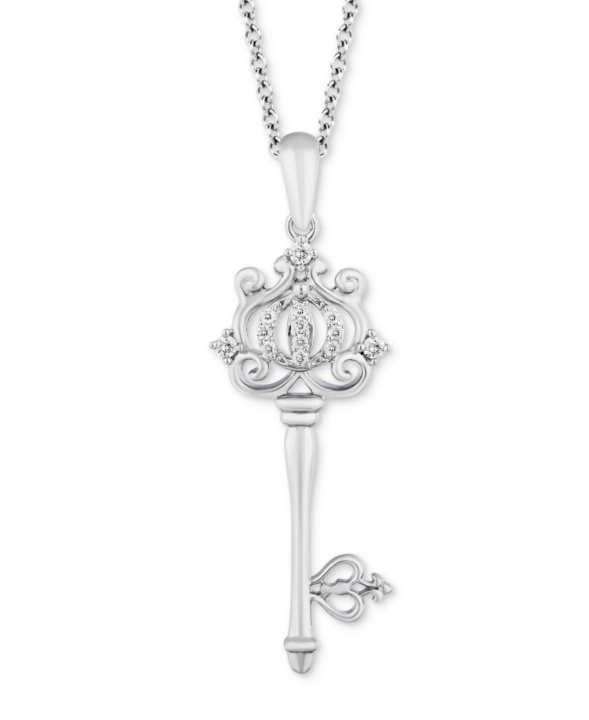 Disney Enchanted Disney Fine Jewelry Diamond Cinderella Carriage Key Pendant Necklace (1/10 ct. t.w.) in Sterling Silver, 16