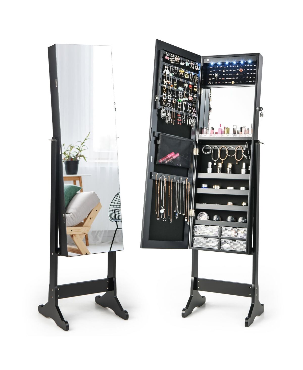 Costway Jewelry Cabinet Armoire Full Length Frameless Mirror Lockable with Lights - Black