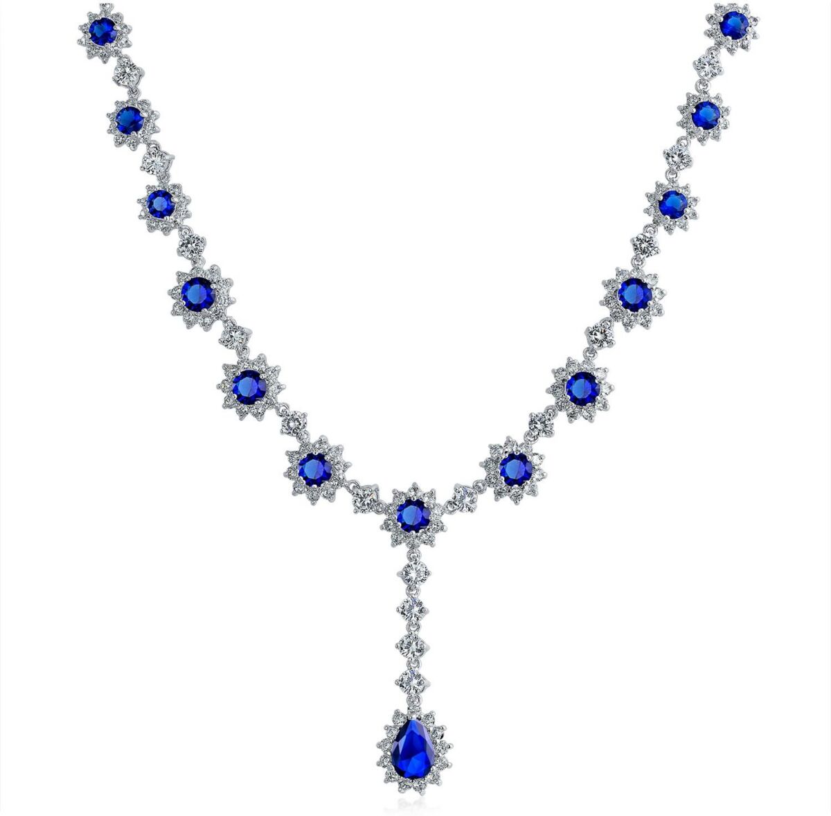 Bling Jewelry Antique Style Bridal Oval Crown Halo Aaa Cz Royal Blue Simulated Sapphire Y Collar Necklace For Women Wedding - Blue