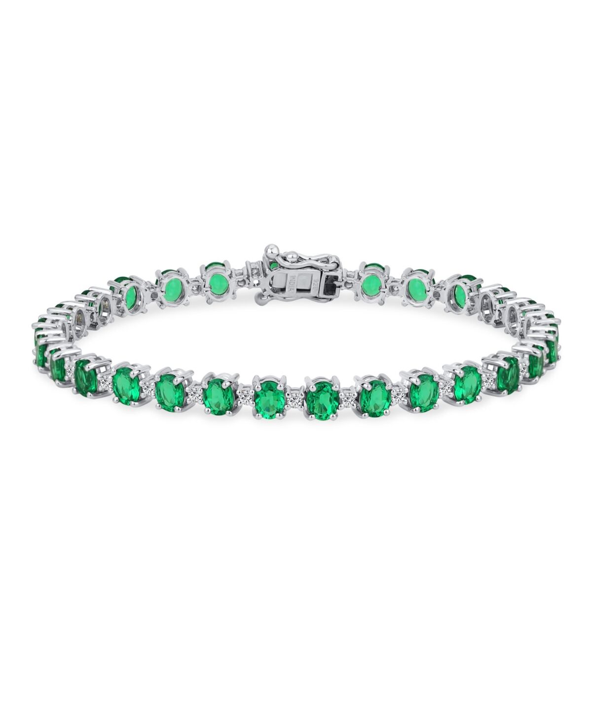 Bling Jewelry Simple Strand Alternating Created Green Emerald & Zircon Tennis Bracelet For Women .925 Sterling Silver May Birthstone 7.25 Inch - Green