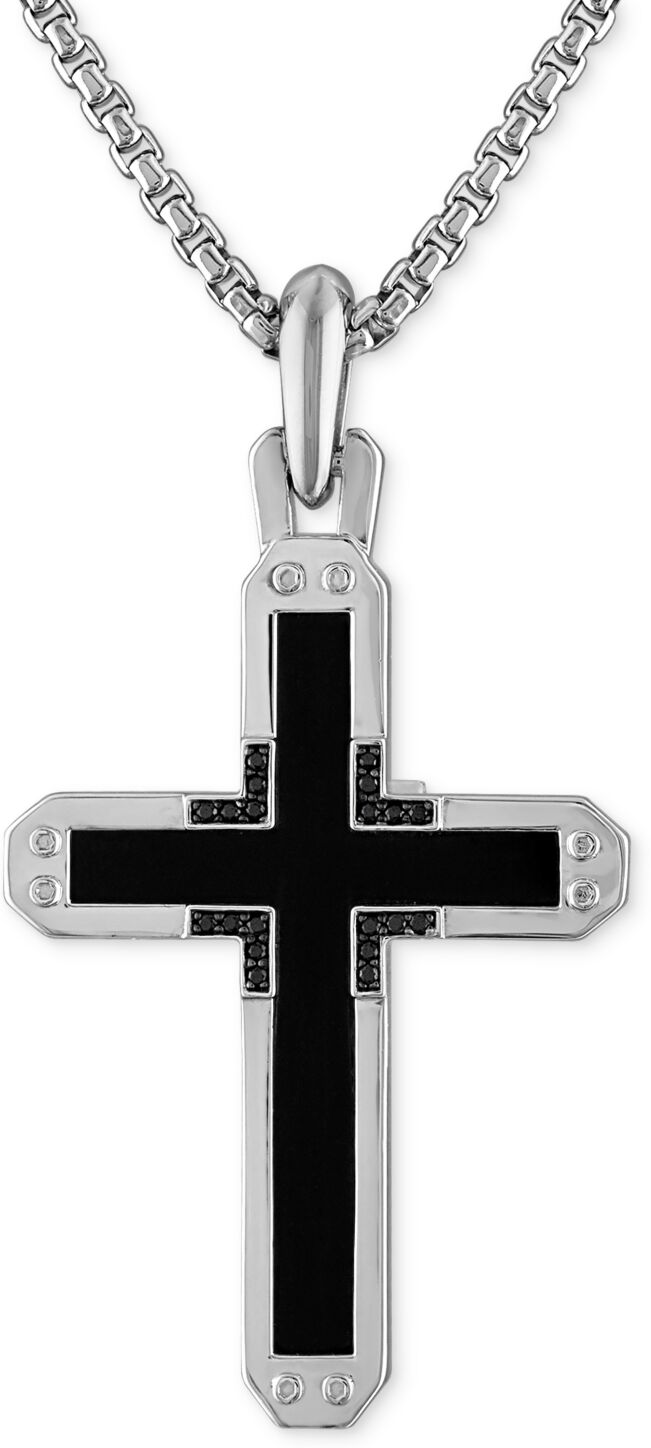 Bulova Sterling Silver Black Onyx & Black Diamond Cross Pendant Necklace, 24