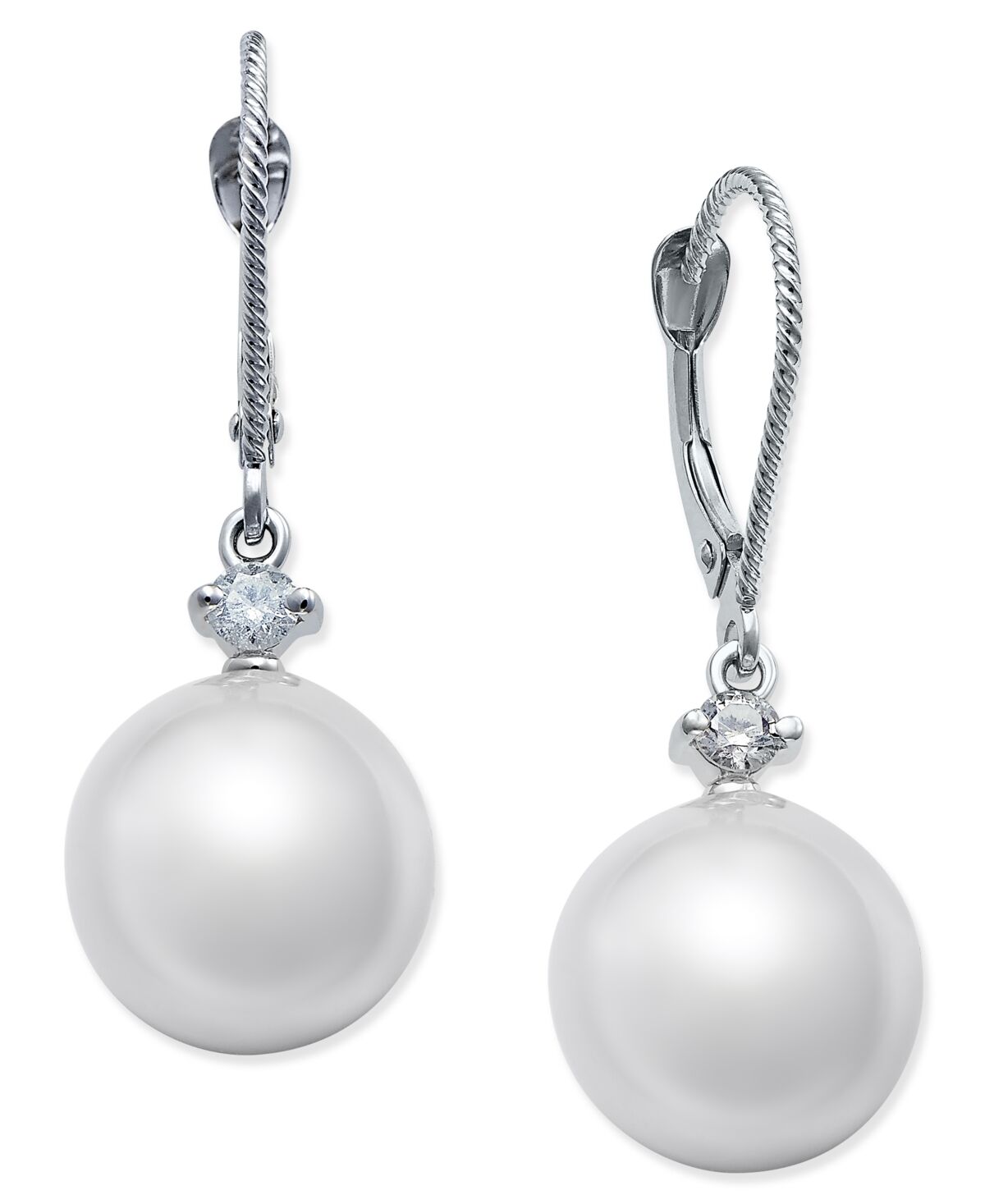 Macy's Cultured White South Sea Pearl (11mm) and Diamond (1/6 ct. t.w.) Drop Earrings in 14k White Gold - White Gold
