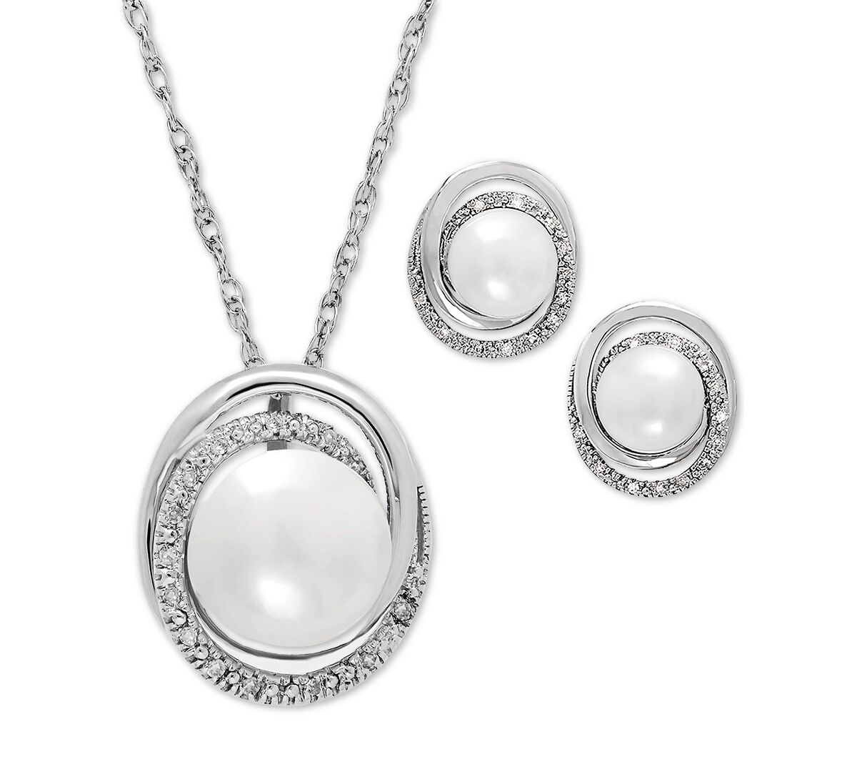 Macy's Cultured Freshwater Pearl (7 & 8mm) and Diamond Accent Pendant Necklace and Earrings Set in Sterling Silver - Silver