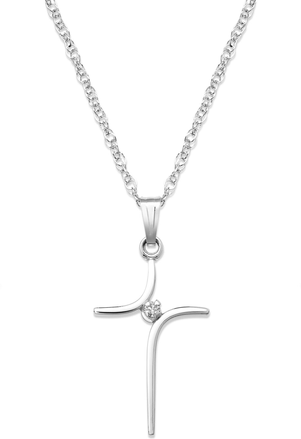 Macy's Sterling Silver Necklace, Curved Cross and Diamond Accent Pendant