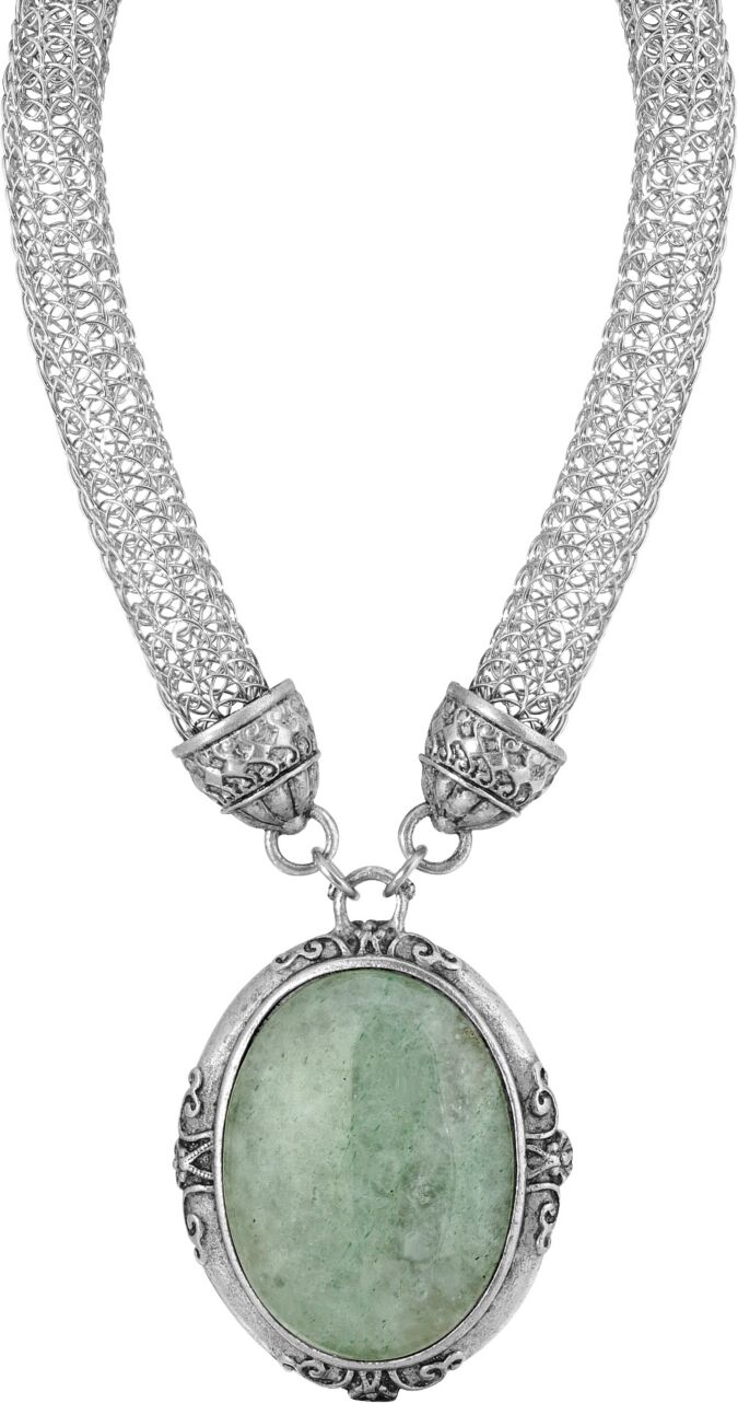 2028 Silver-Tone Mesh Tube Chain with Oval Green Pendant 18