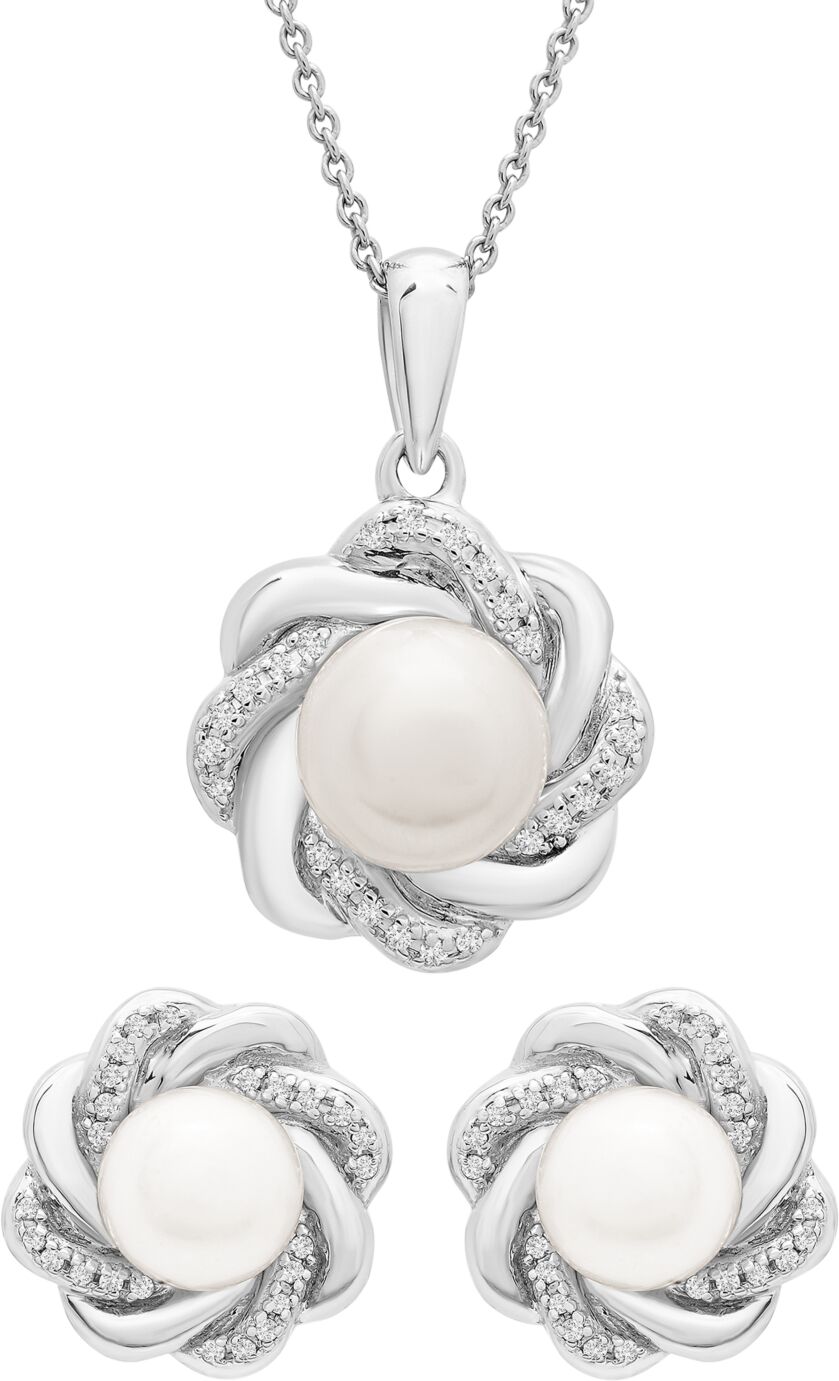 Macy's Cultured Freshwater Pearl (6-7mm) and Diamond (1/20 ct. t.w.) Box Set (Pendant & Earrings) in Sterling Silver - Sterling Silver