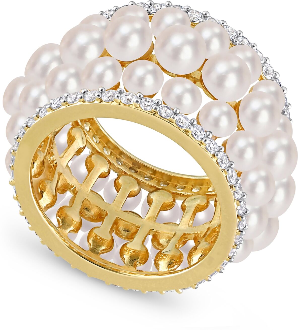 Macy's Cultured Freshwater Pearl (3 - 4-1/2mm) & Lab-Created White Sapphire (1-3/5 ct. t.w.) Multirow Statement Ring in Yellow Rhodium-Plated Sterling Silver