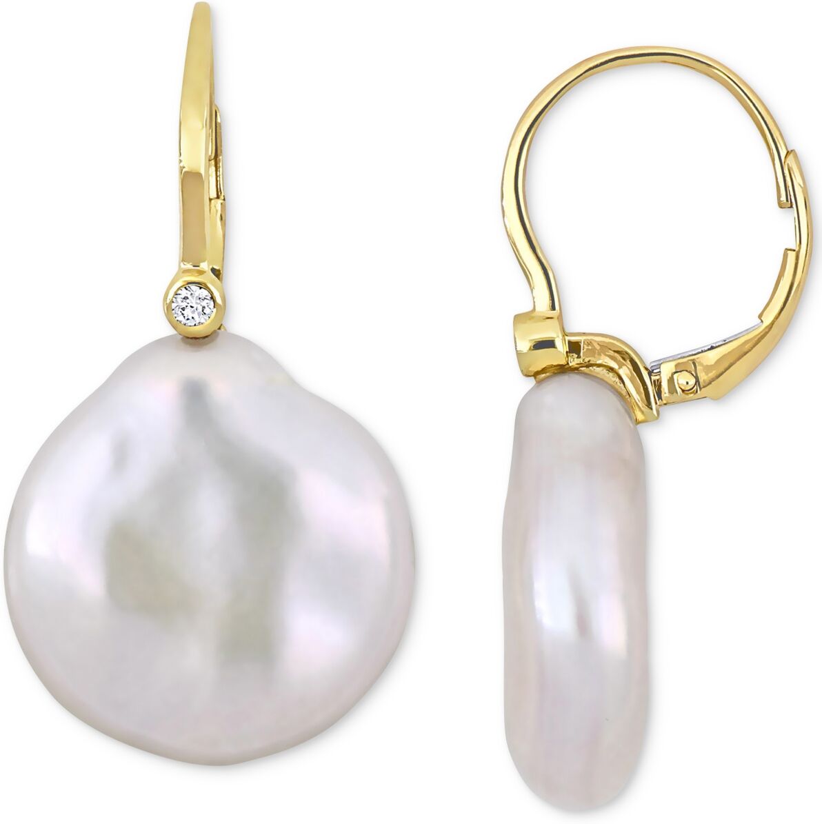 Macy's Cultured Freshwater Button Pearl (17-1/2 - 18mm) & Diamond (1/20 ct. t.w.) Leverback Drop Earrings in 14k Gold - Gold