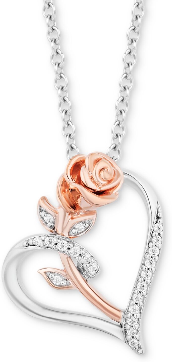 Disney Enchanted Disney Fine Jewelry Diamond Belle Rose Heart Pendant Necklace (1/10 ct. t.w.) in Sterling Silver & 14k Rose Gold, 16