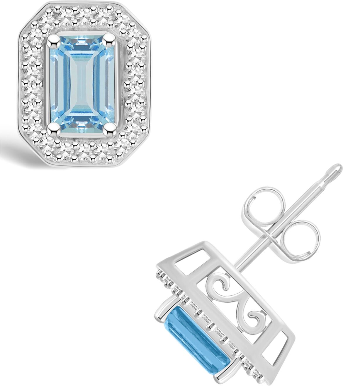 Macy's Aquamarine (1 ct. t.w.) and Diamond (1/5 ct. t.w.) Halo Studs in Sterling Silver - Aquamarine