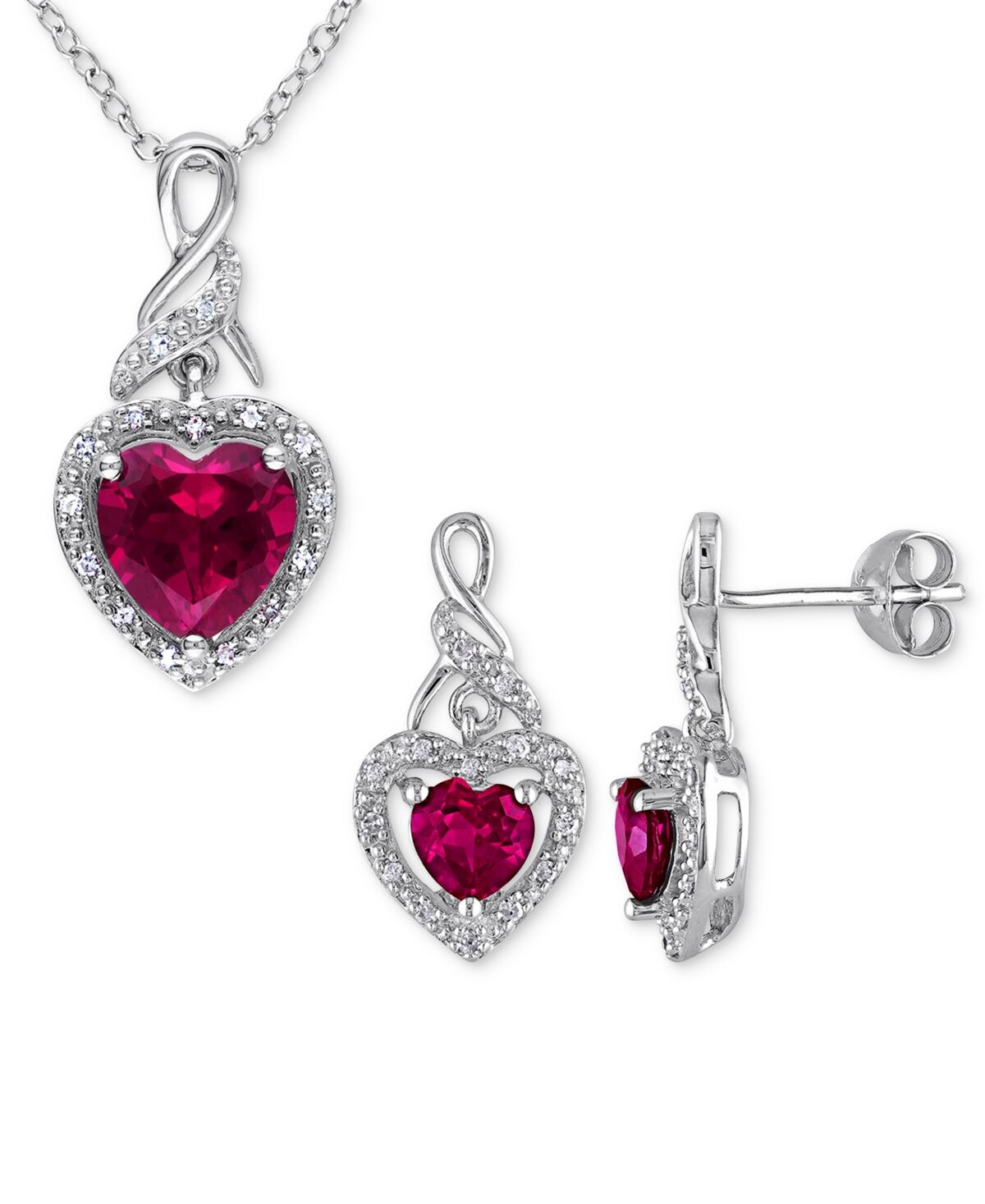 Macy's 2-Pc. Set Lab-Created Ruby (4 ct. t.w.) & Diamond (1/4 ct. t.w.) Heart Halo Pendant Necklace and Matching Drop Earrings in Sterling Silver - RUBY