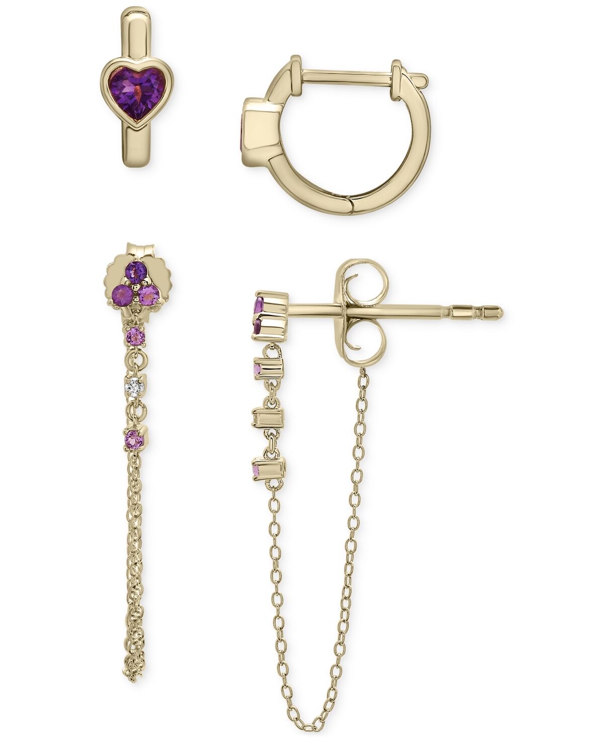 Macy's 2-Pc. Set Amethyst (5/8 ct. t.w.) & Lab-Created White Sapphire (1/20 ct. t.w.) Hoop & Chain Drop Earrings in 14k Gold-Plated Sterling Silver - Amethys