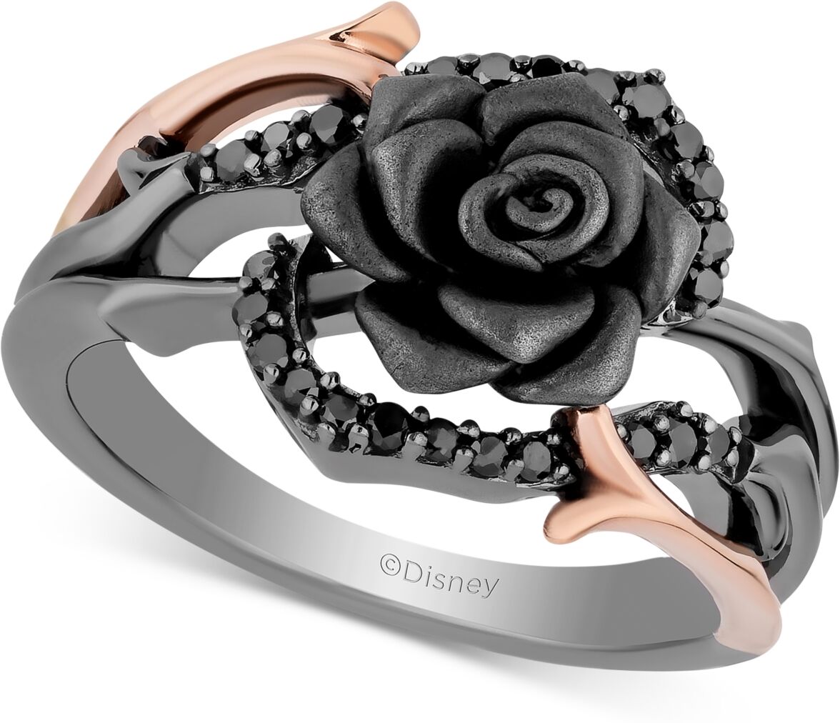 Disney Enchanted Disney Fine Jewelry Black Diamond Maleficent Flower Ring (1/5 ct. t.w.) in 14k Rose Gold, Sterling Silver & Black Rhodium-Plate - Sterling S