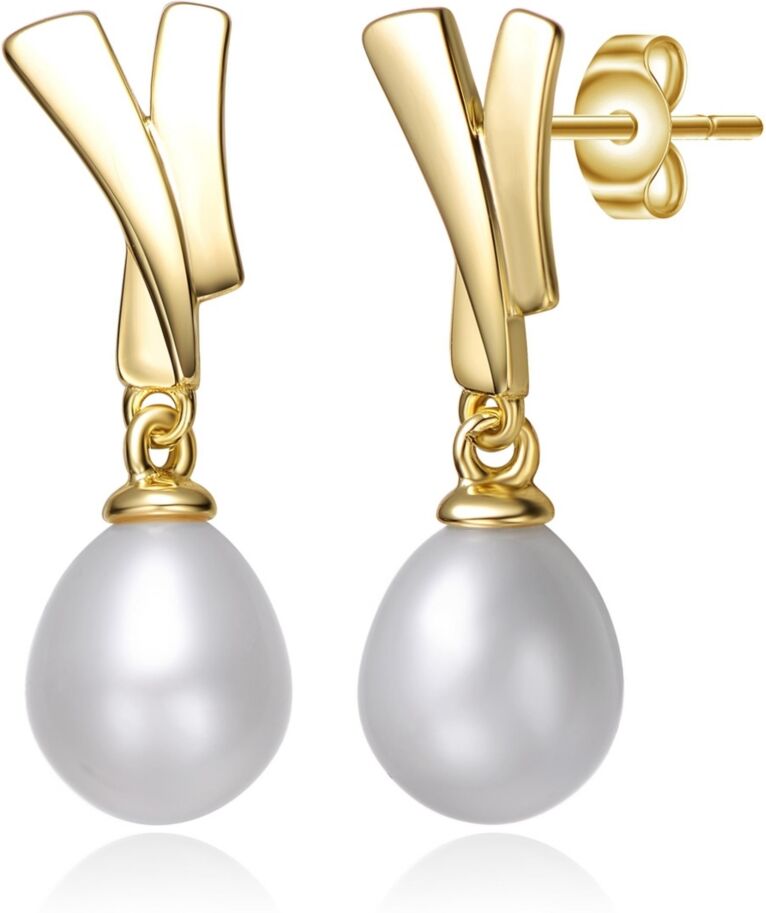 Genevive Sterling Silver 14k Yellow Gold Plated with White Freshwater Pearl Xoxo Hugs & Kisses Dangle Drop Earrings - Gold