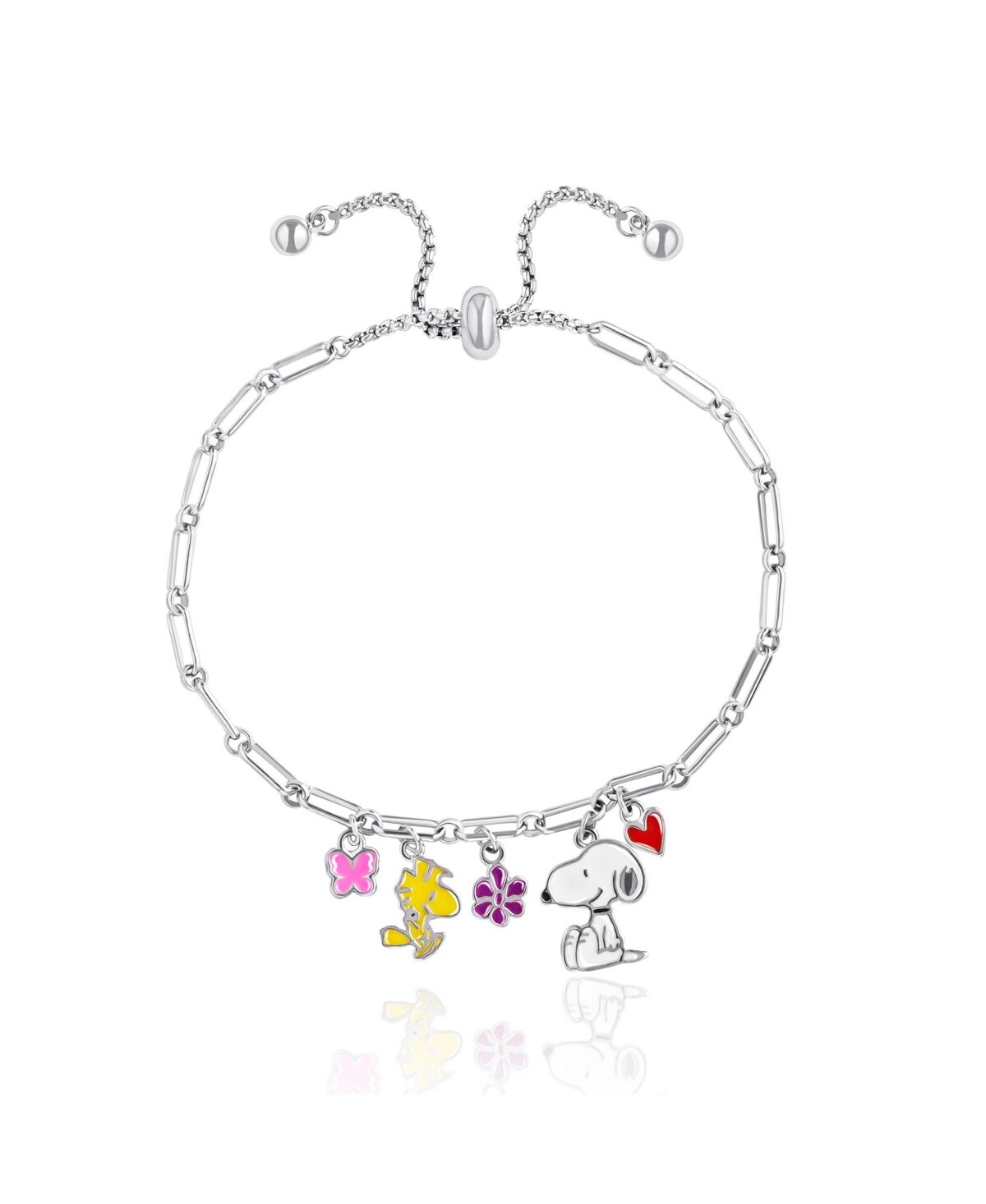 Peanuts Snoopy Enamel Charm Woodstock, Flowers, Heart Lariat Paper Clip Chain Bracelet - Silver