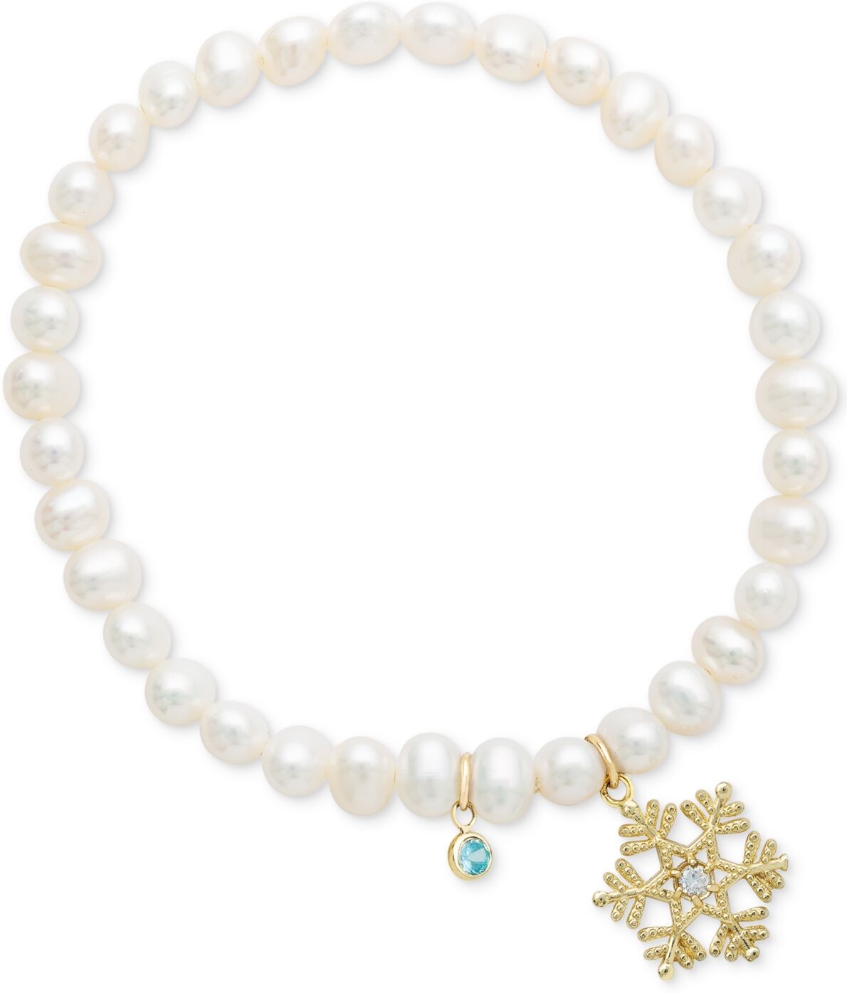 Disney Children's Cultured Freshwater Pearl (4mm) & 14k Snowflake Charm Stretch Bracelet - Yellow Gold