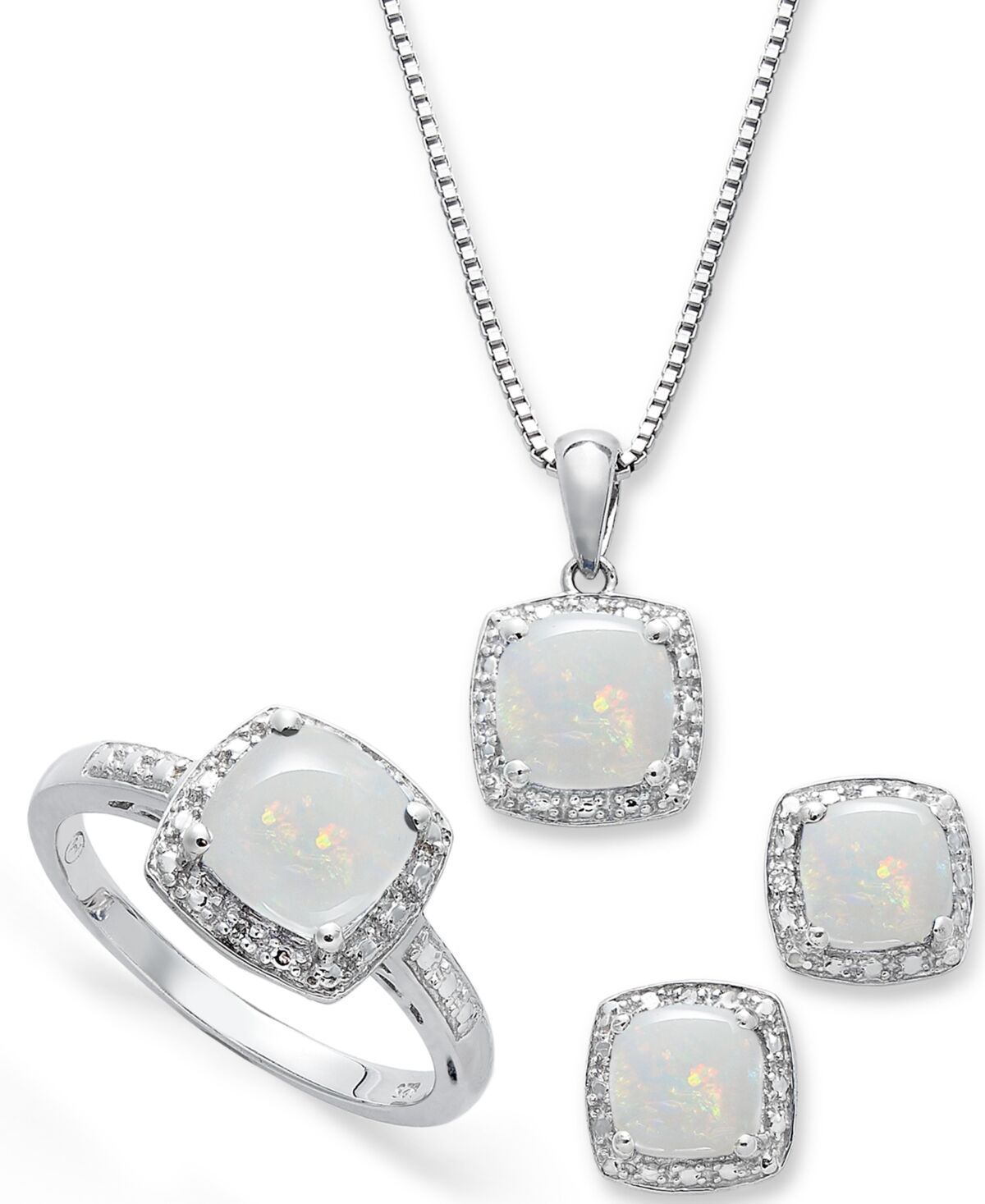 Macy's Sterling Silver Jewelry Set, Opal (4-3/4 ct. t.w.) and Diamond Accent Necklace, Earrings and Ring Set - Opal