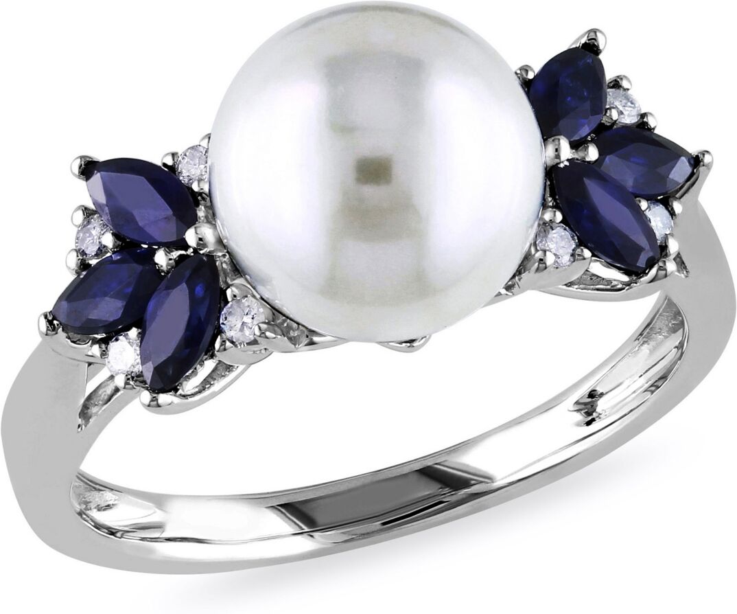 Macy's Freshwater Cultured Pearl (9-9.5mm), Sapphire (5/8 ct. t.w.) and Diamond Accent Ring in 10k White Gold - White