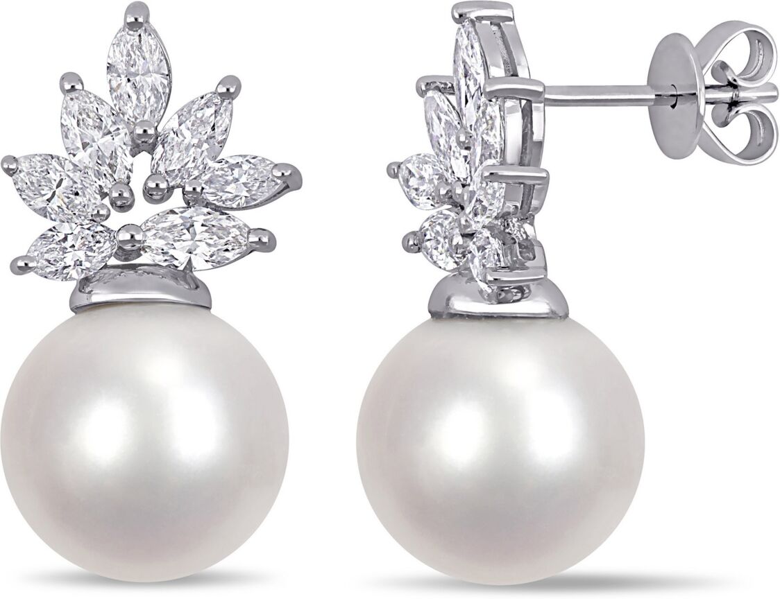 Macy's South Sea Cultured Pearl (11-12mm) and Diamond (1 1/2 ct. t.w.) Cluster Earrings in 14k White Gold - White