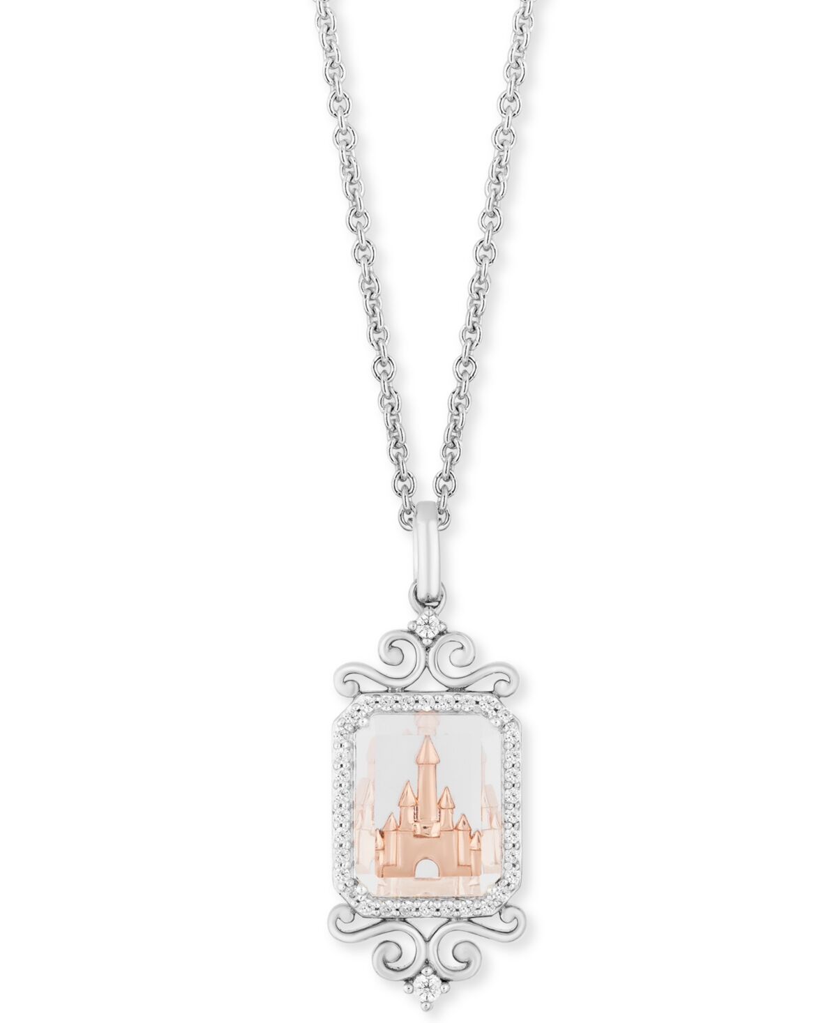 Macy's Enchanted Disney Diamond (1/6 ct. t.w.) & White Topaz (4-1/2 ct. t.w.) Majestic Princess Castle Pendant Necklace in Sterling Silver & 14k Rose Gold, 1
