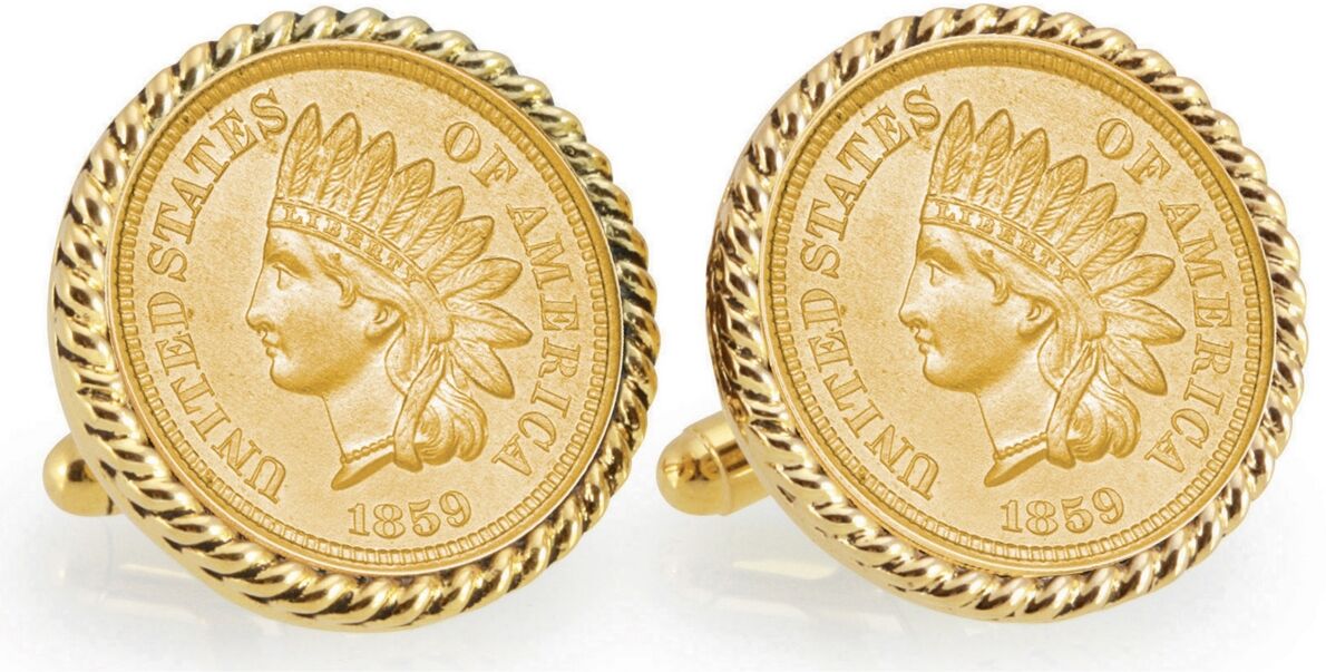 American Coin Treasures Gold-Layered 1859 First-Year-Of-Issue Indian Head Penny Rope Bezel Coin Cuff Links - Gold