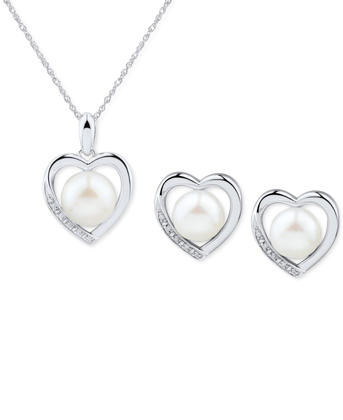Macy's 2-Pc. Set Cultured Freshwater Pearl (7-8mm) & Diamond Accent Heart Pendant Necklace & Matching Stud Earrings in Sterling Silver - Sterling Silver