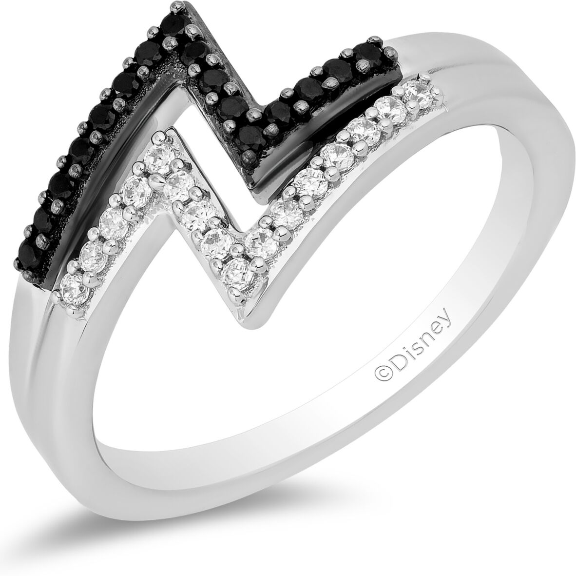 Disney Enchanted Disney Fine Jewelry Black Diamond (1/8 ct. t.w.) & White Diamond (1/8 ct. t.w.) Cruella Double Lightening Bolt Ring in Sterling Silver & Bla