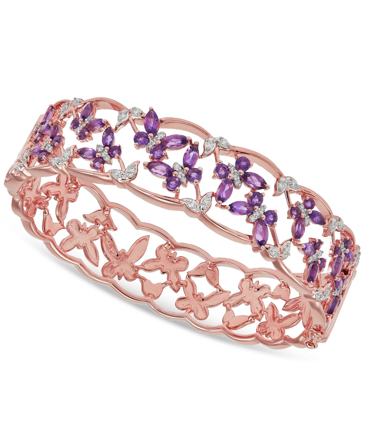 Macy's Amethyst (3-1/4 ct. t.w.) & Diamond (1/2 ct. t.w.) Butterfly Open Bangle Bracelet in 18k Rose Gold-Plated Sterling Silver - Amethyst