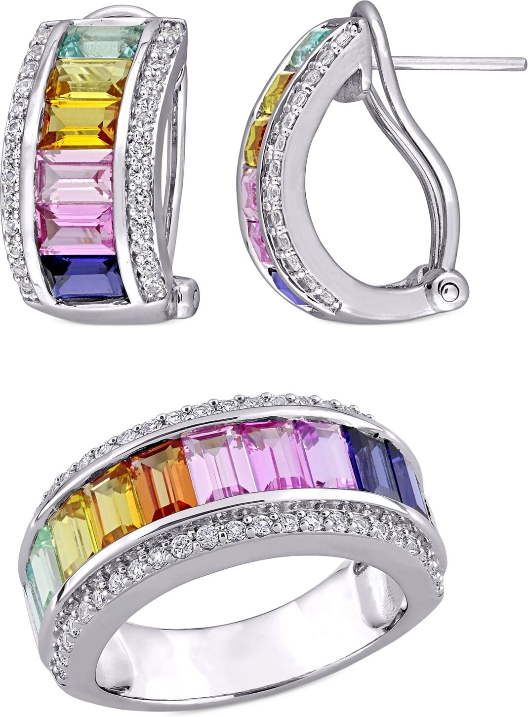 Macy's 2-Pc. Set Lab-Created Multi-Sapphire Baguette Ring & Matching Hoop Earrings (8-1/10 ct. t.w.) in Sterling Silver - Multi-Sapphire