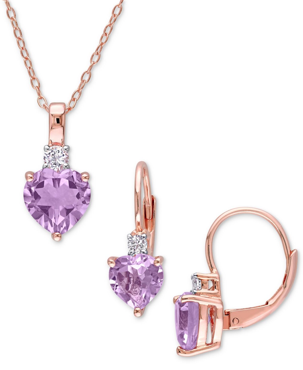 Macy's 2-Pc. Set Pink Amethyst (3-1/2 ct. t.w.) & Lab-Created White Sapphire (1/3 ct. t.w.) Heart Pendant Necklace & Matching Leverback Drop Earrings in Rose
