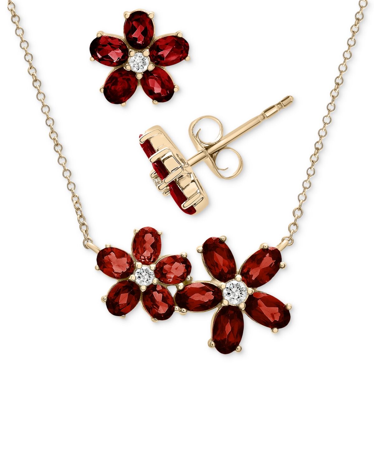 Macy's 2-Pc. Set Garnet (4-3/4 ct. t.w.) & White Topaz (1/4 ct. t.w.) Flower Pendant Necklace & Matching Stud Earrings in 14k Gold-Plated Sterling Silver - G