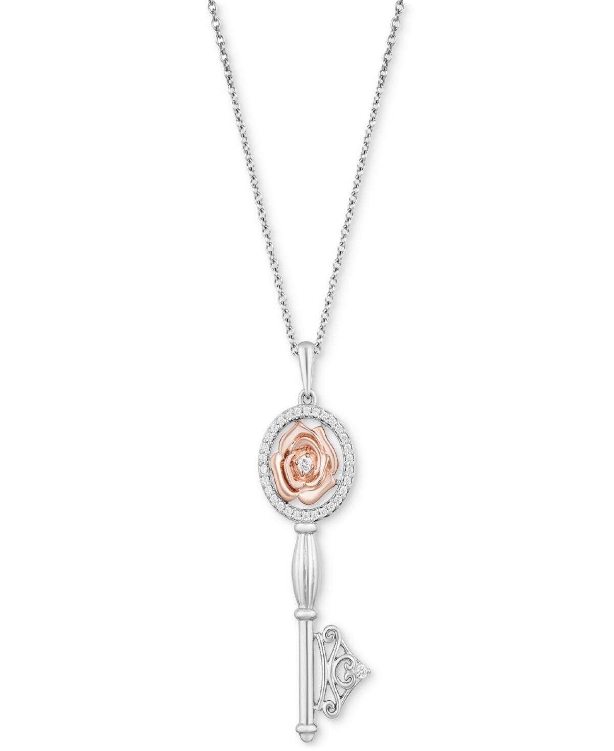 Disney Enchanted Disney Fine Jewelry Diamond Belle Rose Key Pendant Necklace (1/6 ct. t.w.) in Sterling Silver & 14k Rose Gold-Plate - Two-Tone