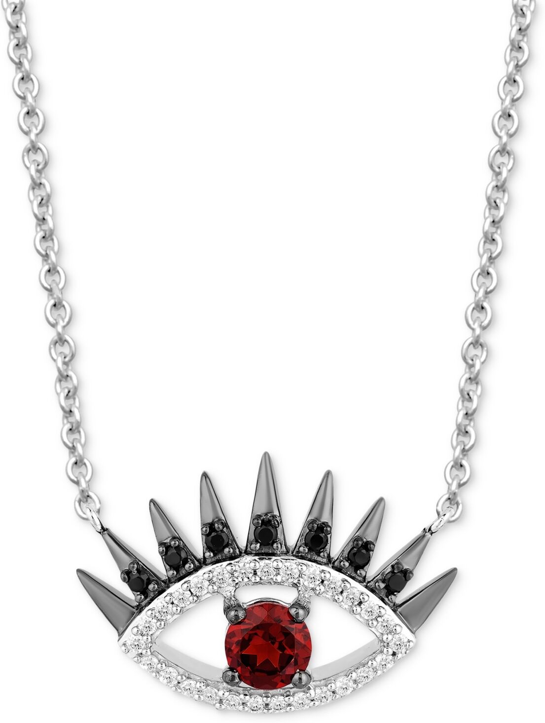 Disney Enchanted Disney Fine Jewelry Garnet (1/3 ct. t.w.) & Black and White Diamond (1/6 ct. t.w.) Villains Cruella De Vil Evil Eye Pendant Necklace in Ster