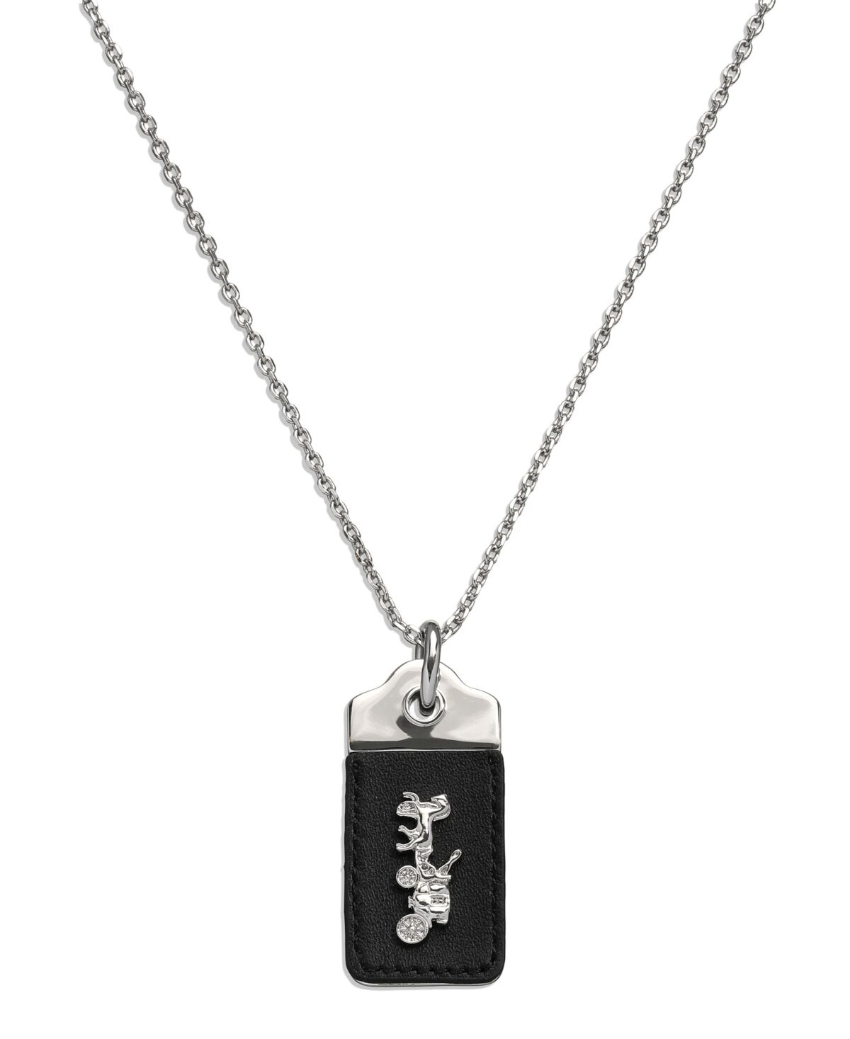 Coach Black Signature Motif Leather Tag Pendant Necklace - Black, Rhodium