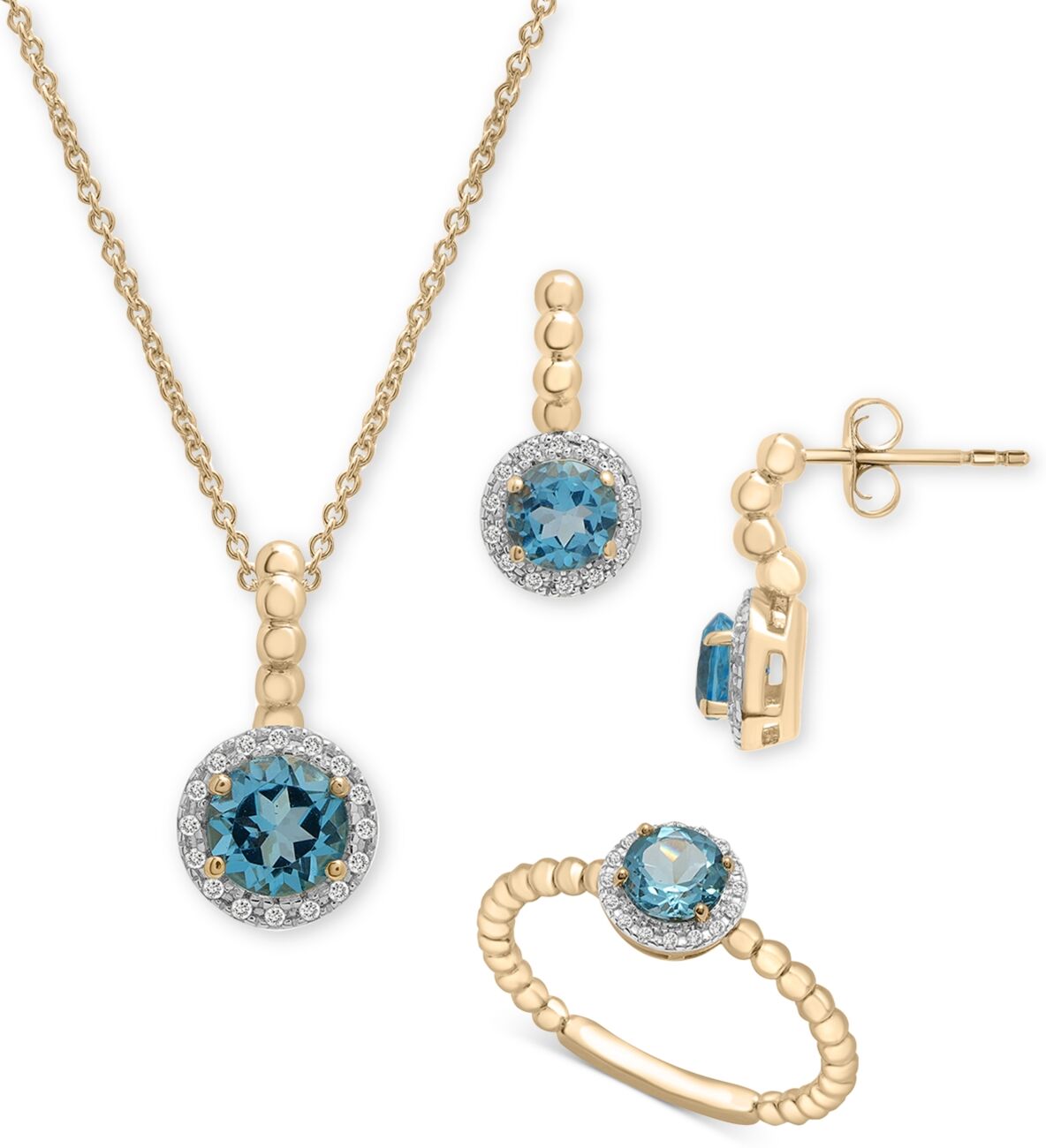 Macy's 3-Pc. Set Blue Topaz (1-3/4 ct. tw) & Diamond Accent Pendant Necklace, Matching Ring & Drop Earrings in 14k Gold-Plated Sterling Silver - Blue Topaz