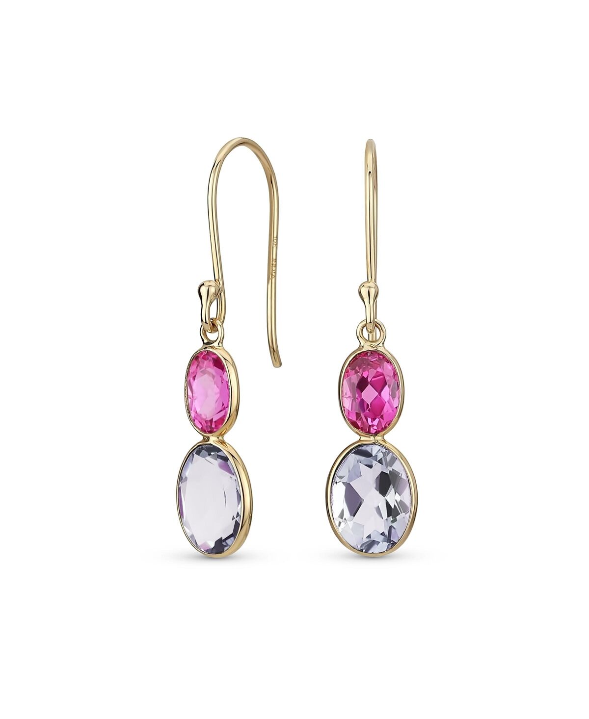 Bling Jewelry Classic Elegant Genuine 10K Gold Faceted Briolette Gemstone Bezel Set Double Oval Amethyst & Pink Sapphire Dangle Drop Earrings For Women Wire Fish Ho