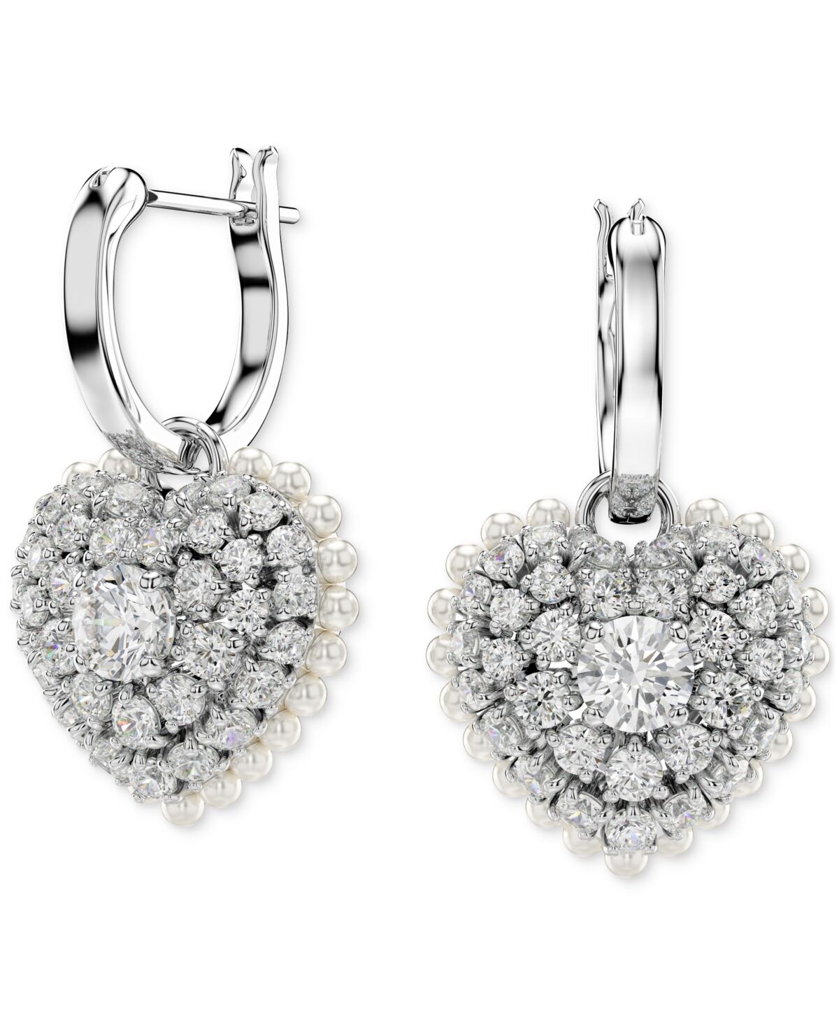 Swarovski Rhodium-Plated Crystal & Imitation Pearl Heart Charm Hoop Earrings - Silver