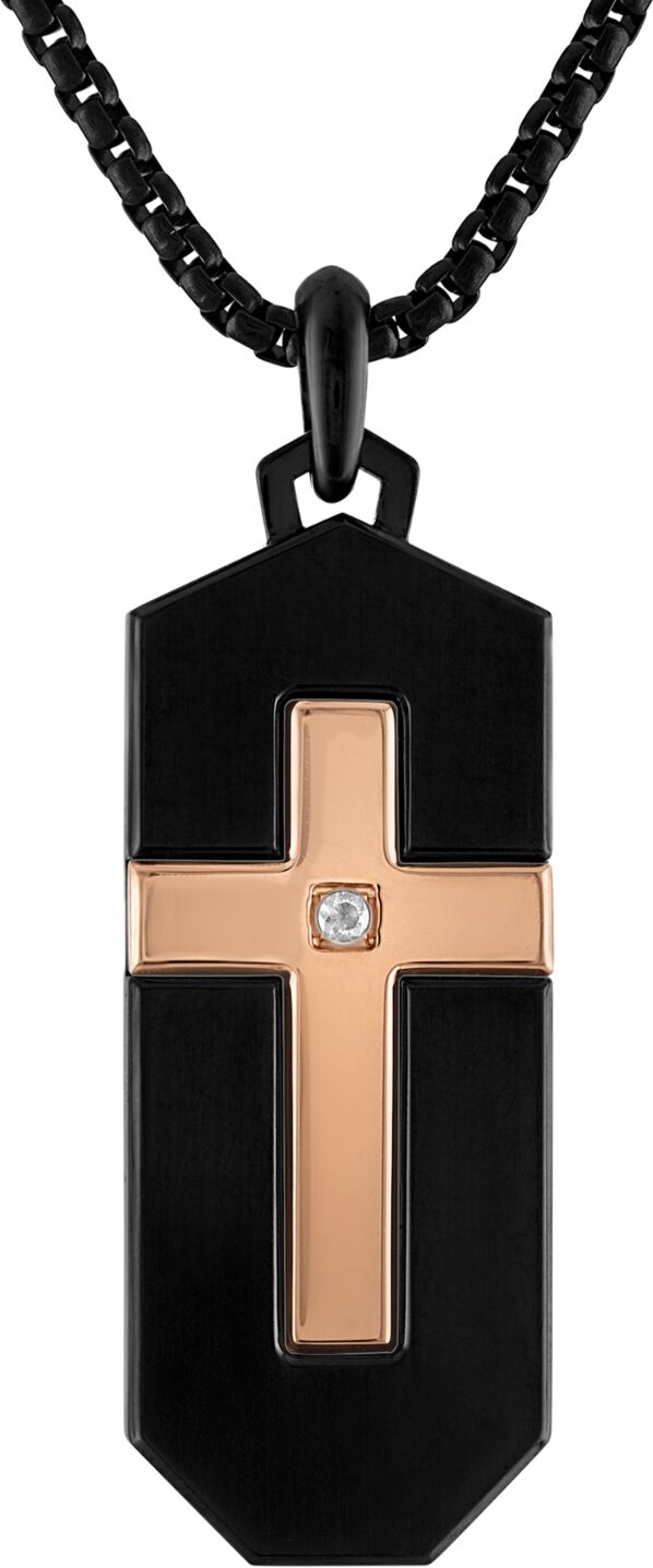 Bulova Black & Rose Gold-Tone Ip Stainless Steel Diamond-Accent Cross 26